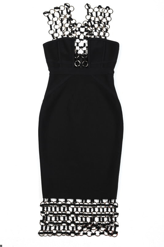 BoujeeMe Boutique Chain & Ribbon Bandage Dress. Colour Black.