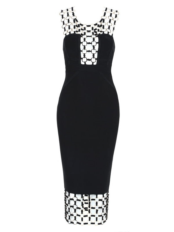 BoujeeMe Boutique Chain & Ribbon Bandage Dress. Colour Black front.