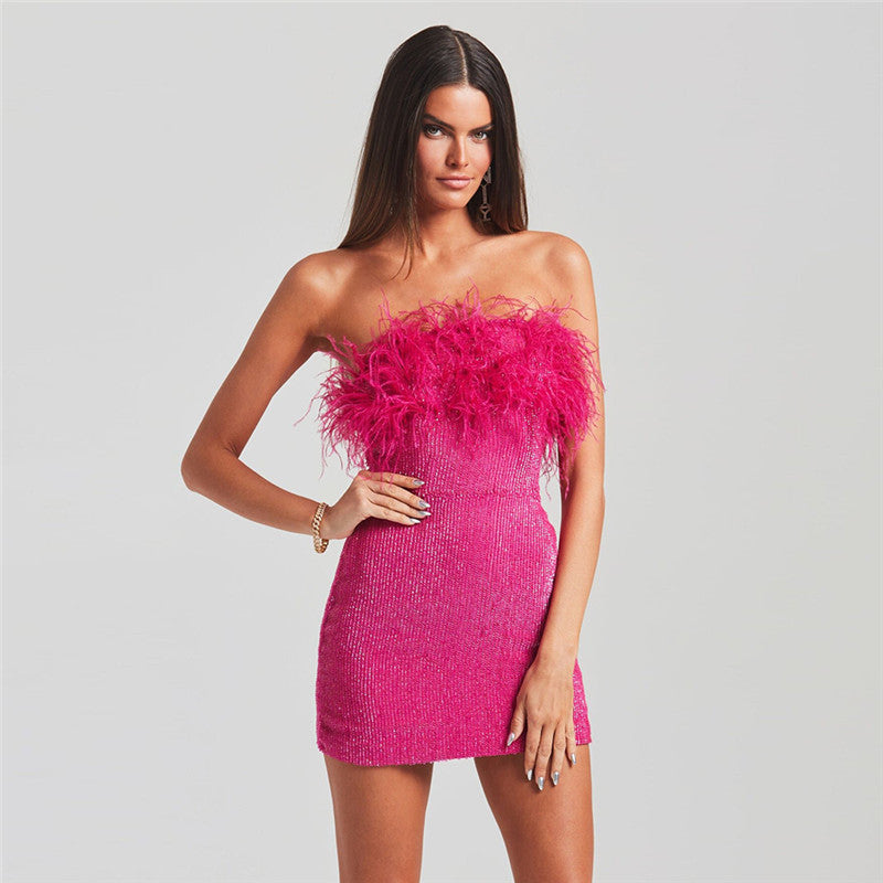 Sequin Fur trim mini dress